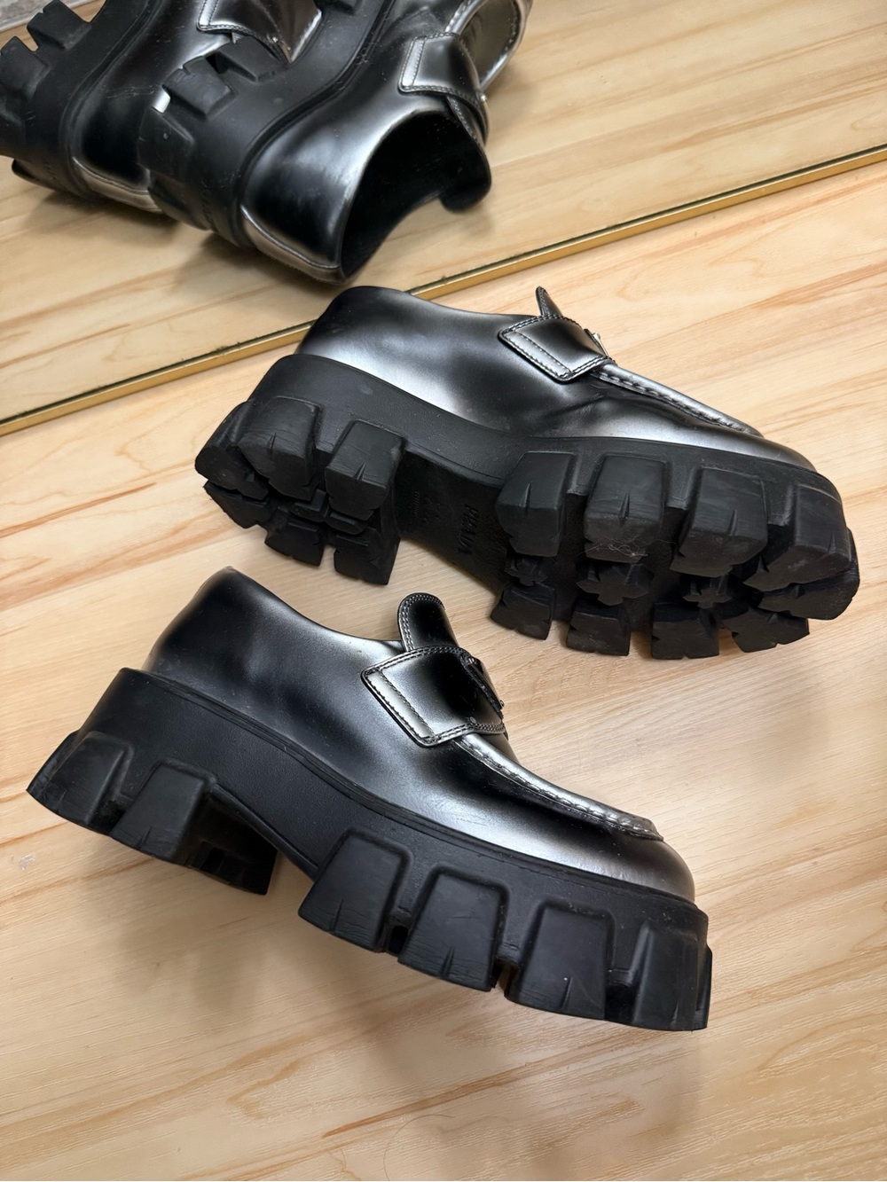 Prada Metallic Black Leather Lug-Sole Penny Loafers - Picture 6 of 8